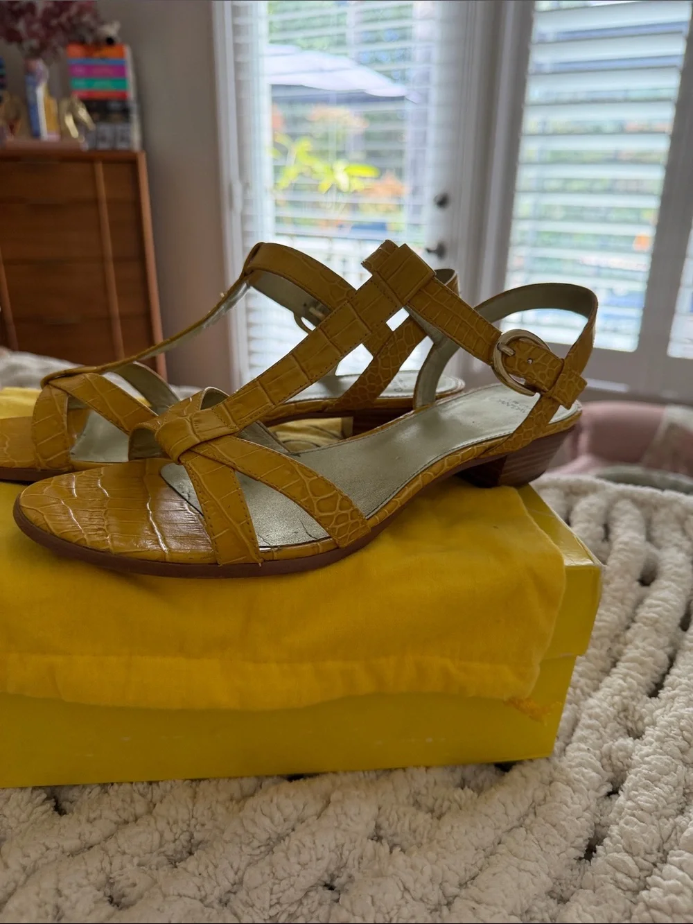 Joan & David Mustard Croc-Embossed Strappy Low Heel Sandals
